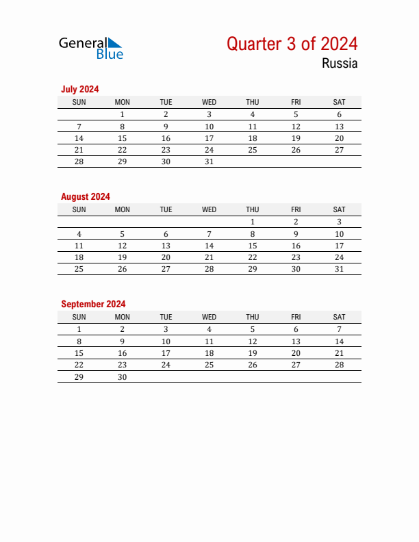 Printable Three Month Calendar with Russia Holidays