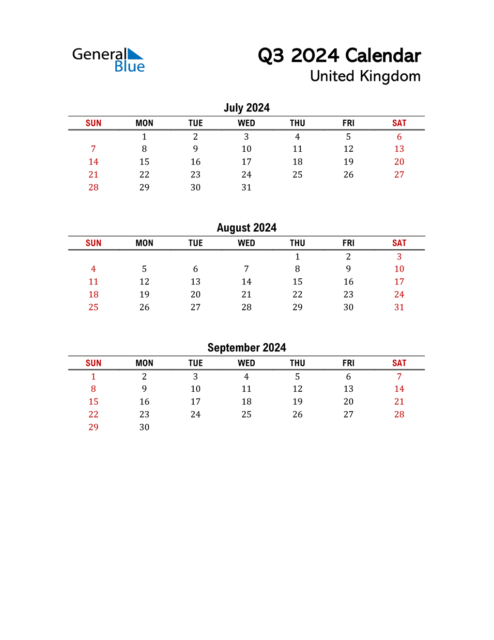 Q3 2024 Quarterly Calendar with United Kingdom Holidays