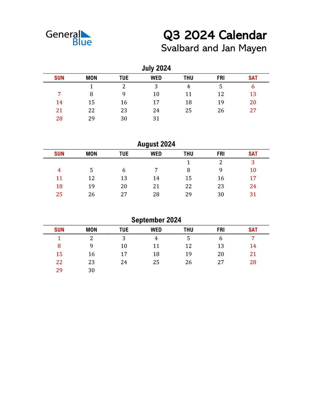 Q3 2024 Quarterly Calendar for Svalbard and Jan Mayen