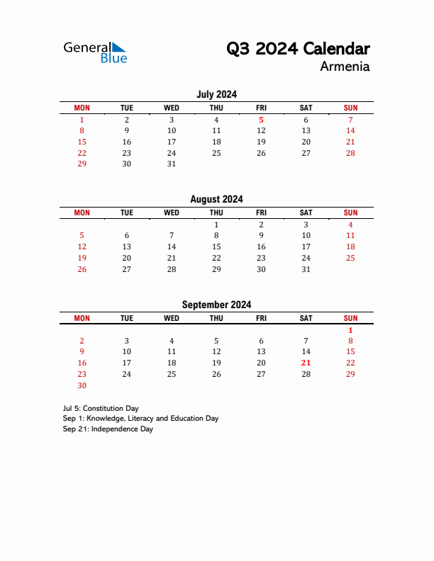 2024 Q3 Calendar with Holidays List for Armenia