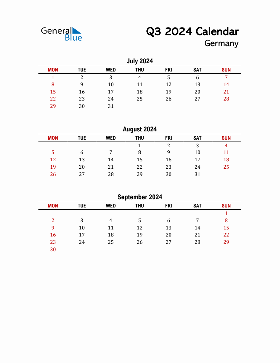 2024 Q3 Calendar with Holidays List for Germany