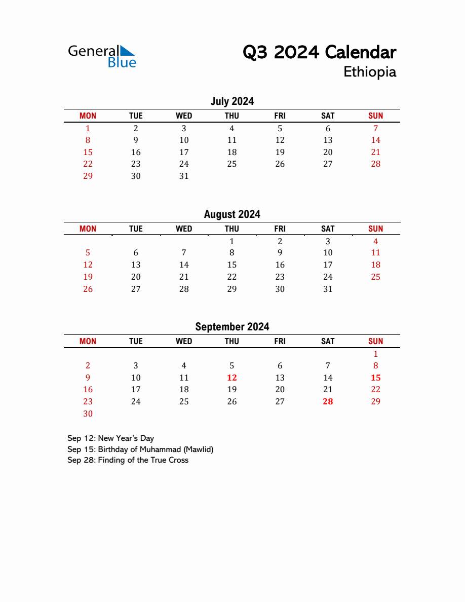 2024 Q3 Calendar with Holidays List for Ethiopia