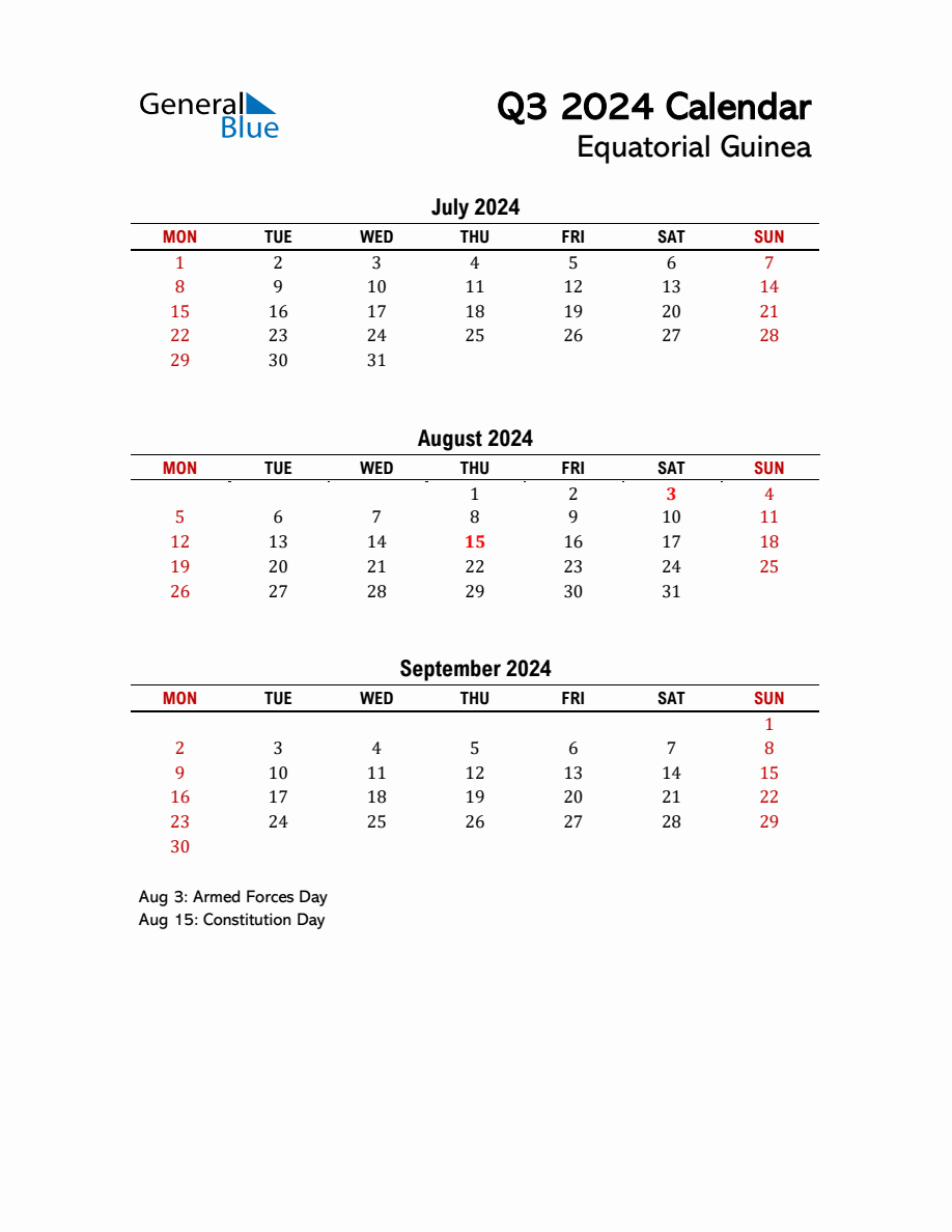 2024 Q3 Calendar with Holidays List for Equatorial Guinea