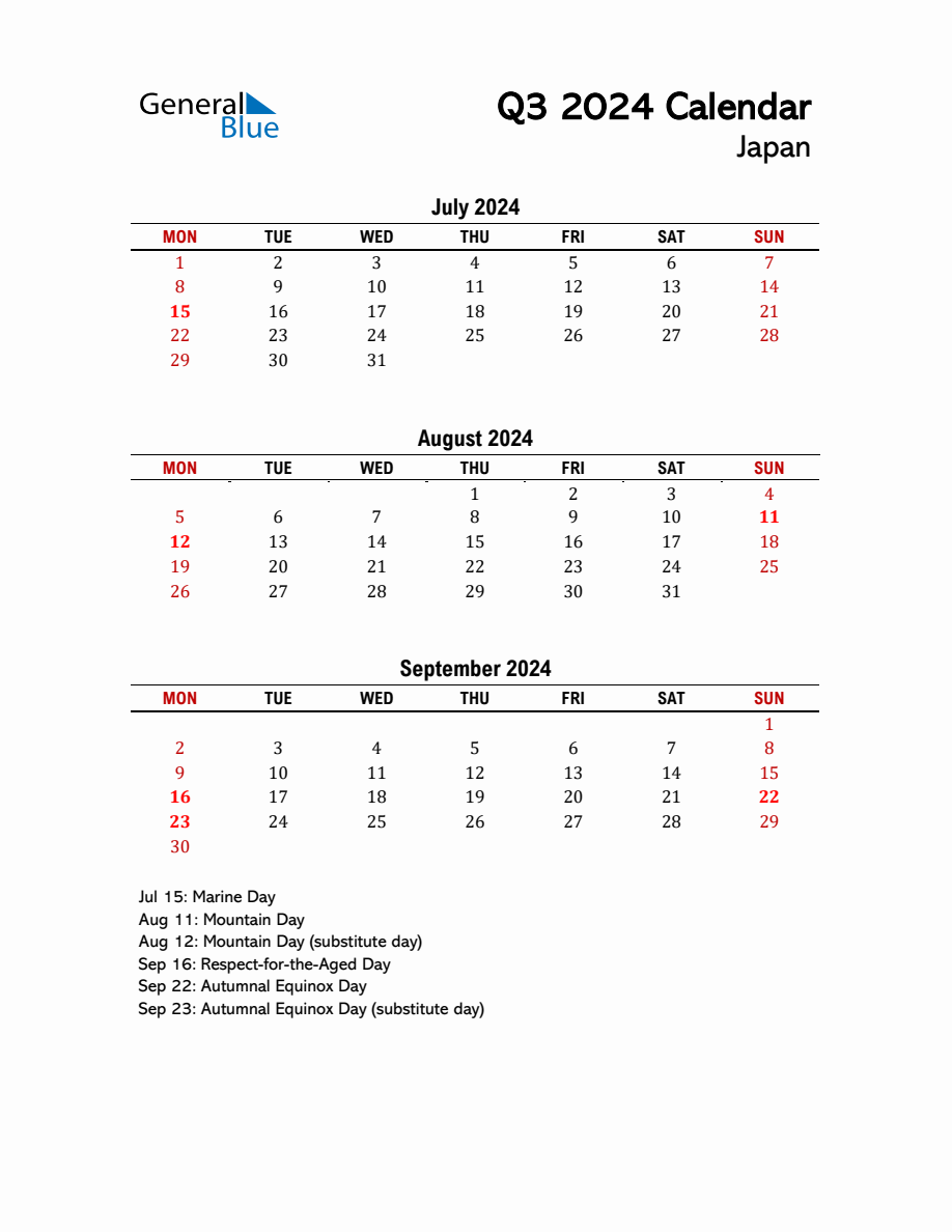 2024 Q3 Calendar with Holidays List for Japan