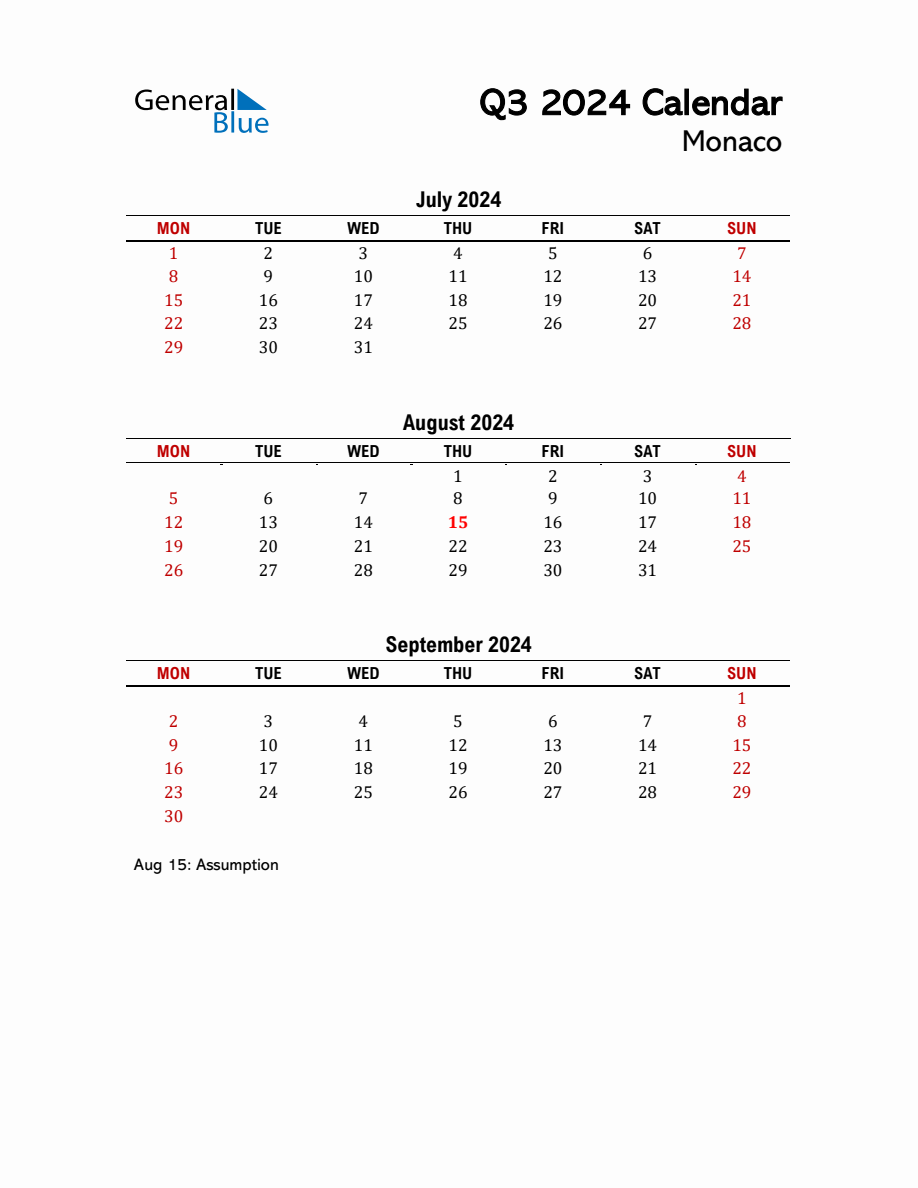 2024 Q3 Calendar with Holidays List for Monaco