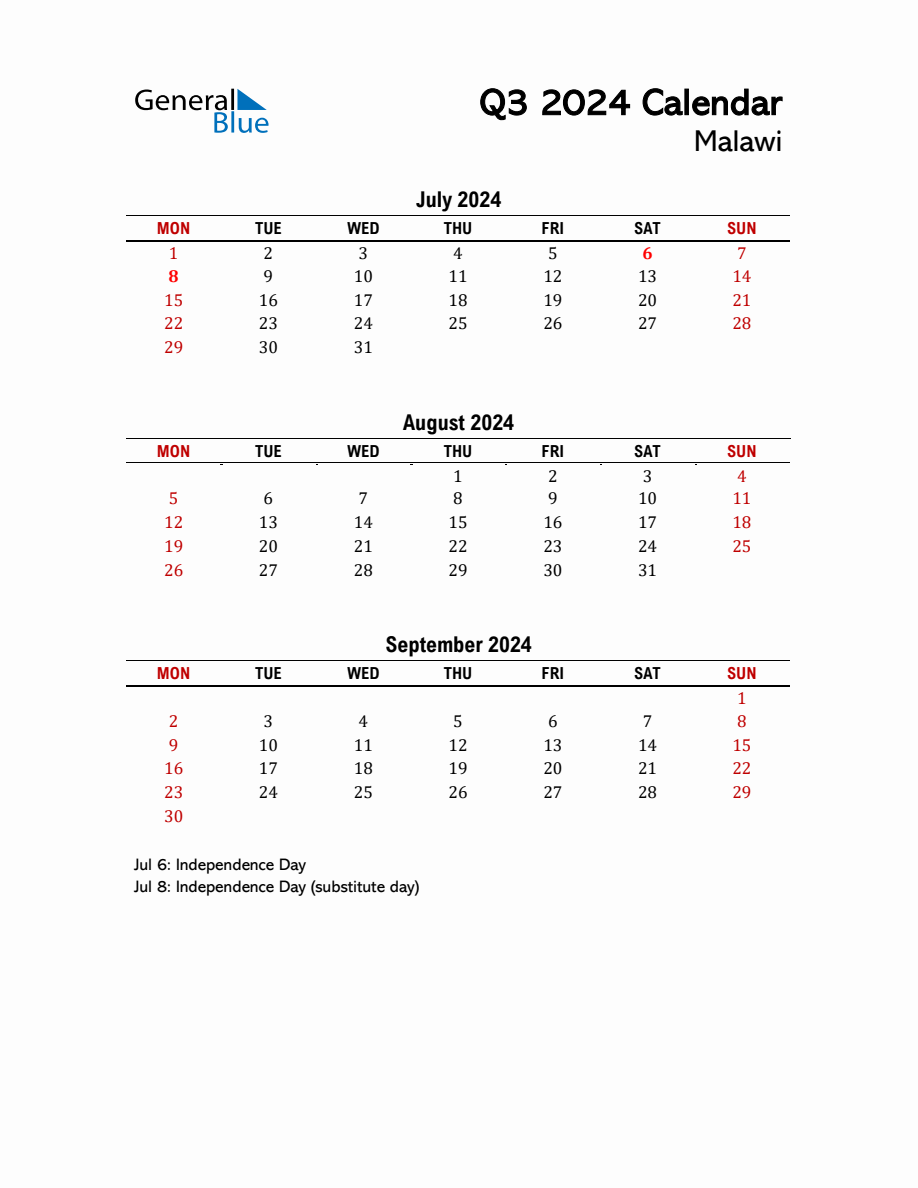 2024 Q3 Calendar with Holidays List for Malawi