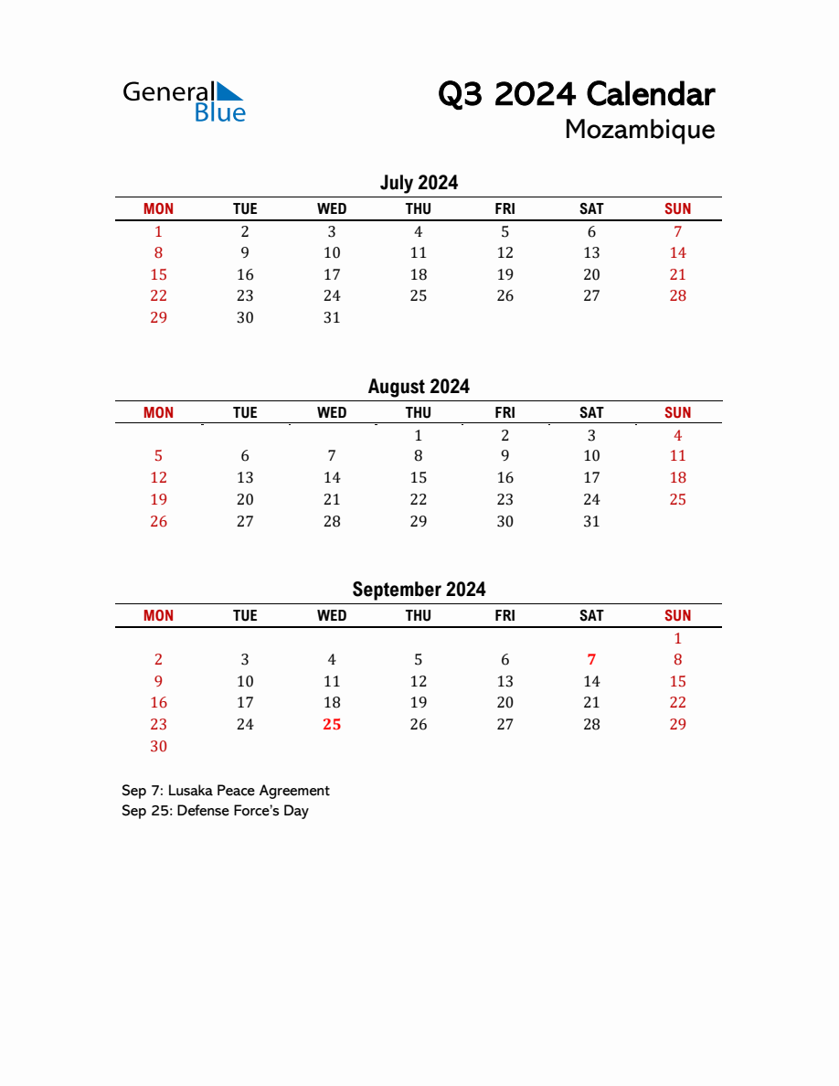 2024 Q3 Calendar with Holidays List for Mozambique