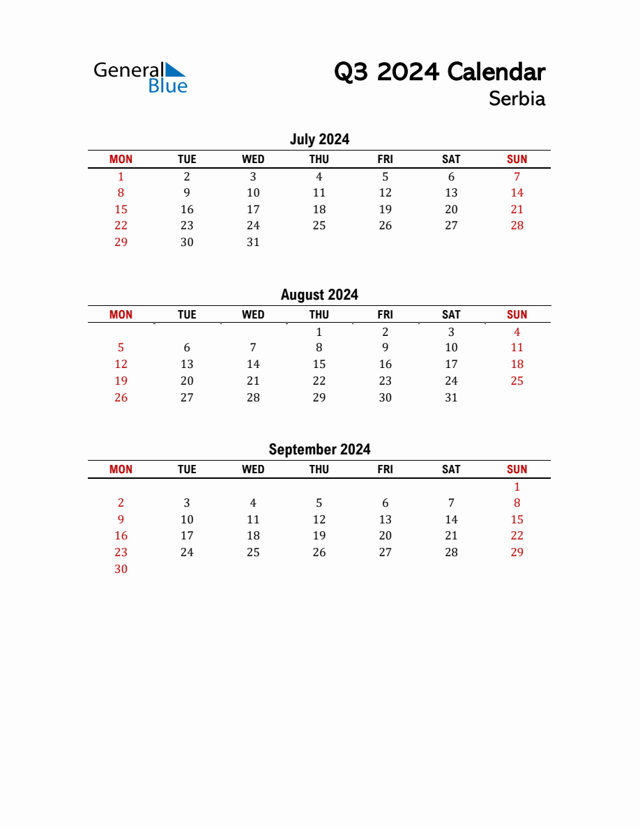 2024 Q3 Calendar with Holidays List for Serbia