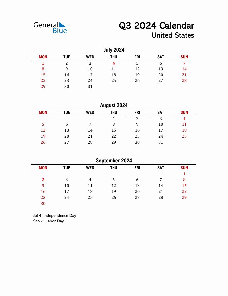 2024 Q3 Calendar with Holidays List for United States