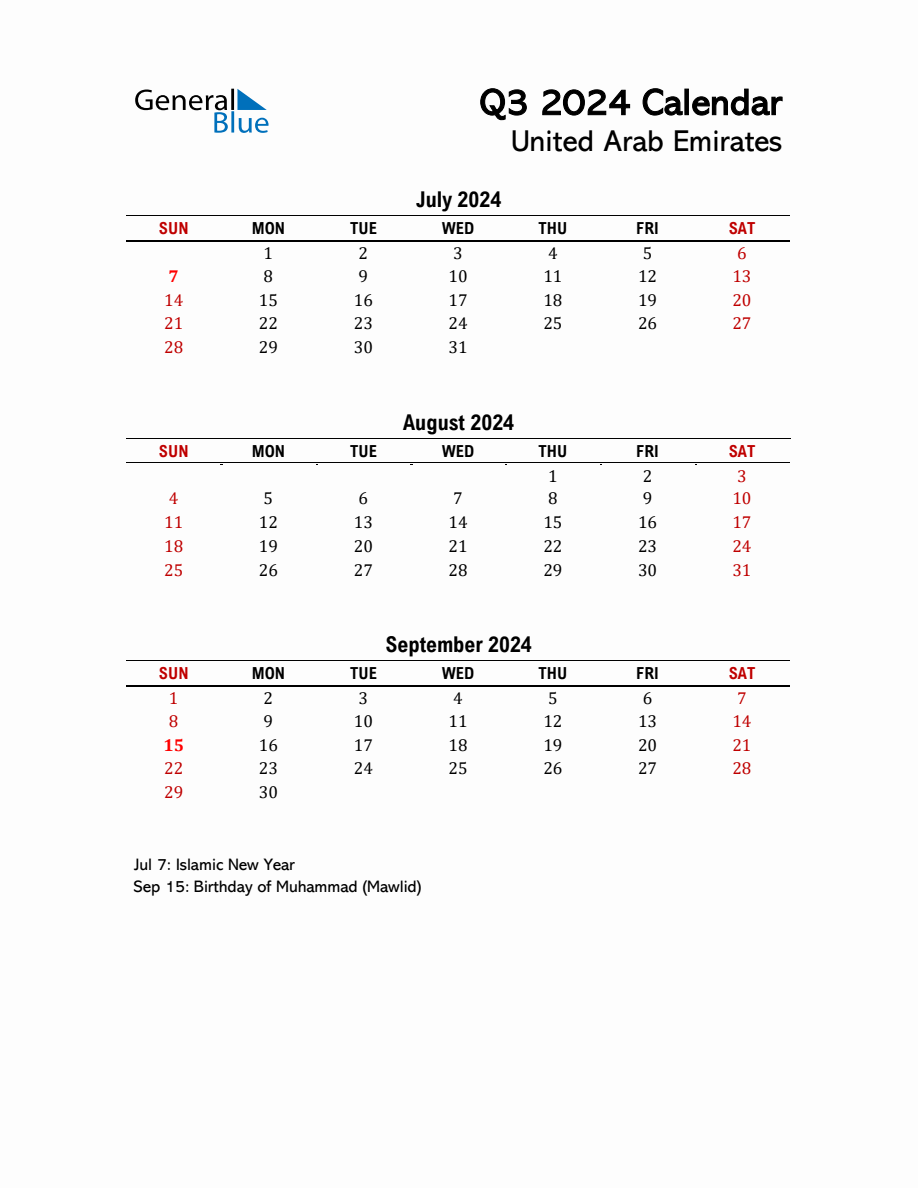 2024 Q3 Calendar with Holidays List for United Arab Emirates