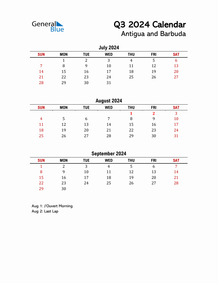 2024 Q3 Calendar with Holidays List for Antigua and Barbuda