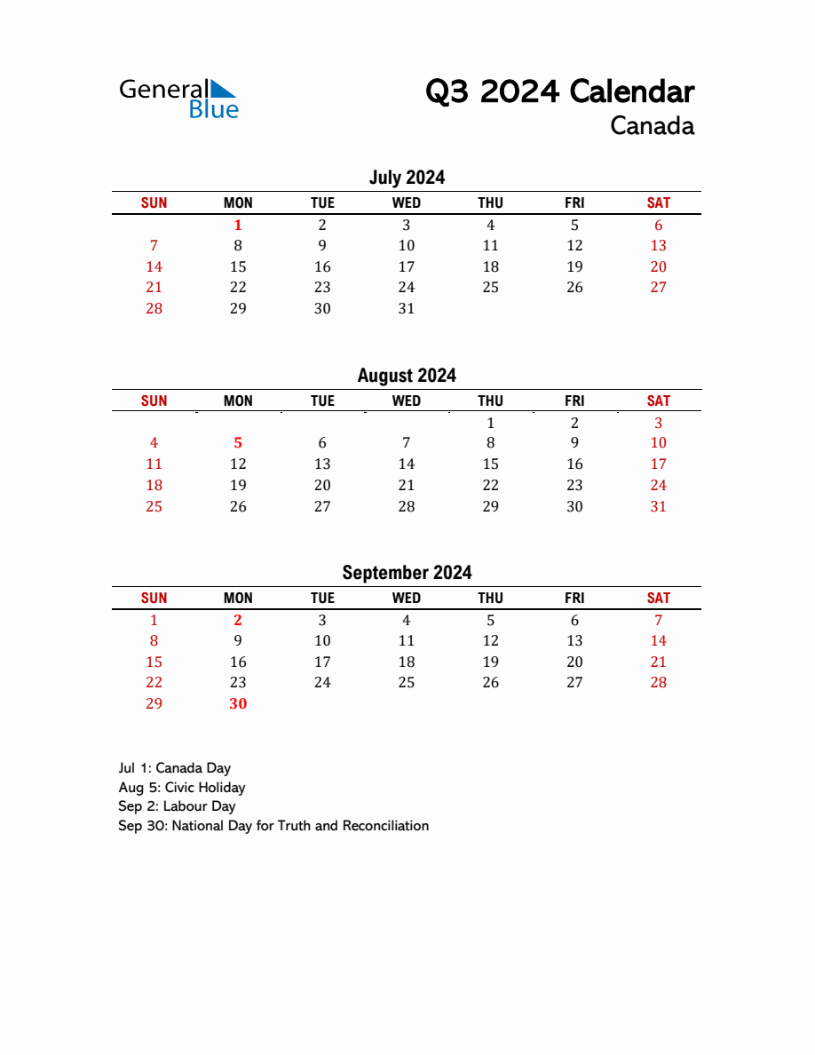 2024 Q3 Calendar with Holidays List for Canada