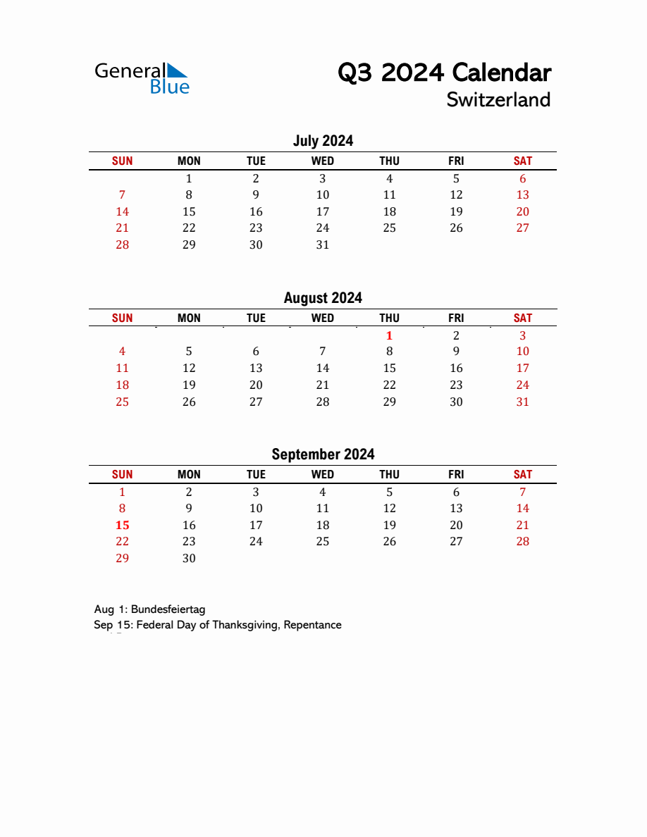 2024 Q3 Calendar with Holidays List for Switzerland