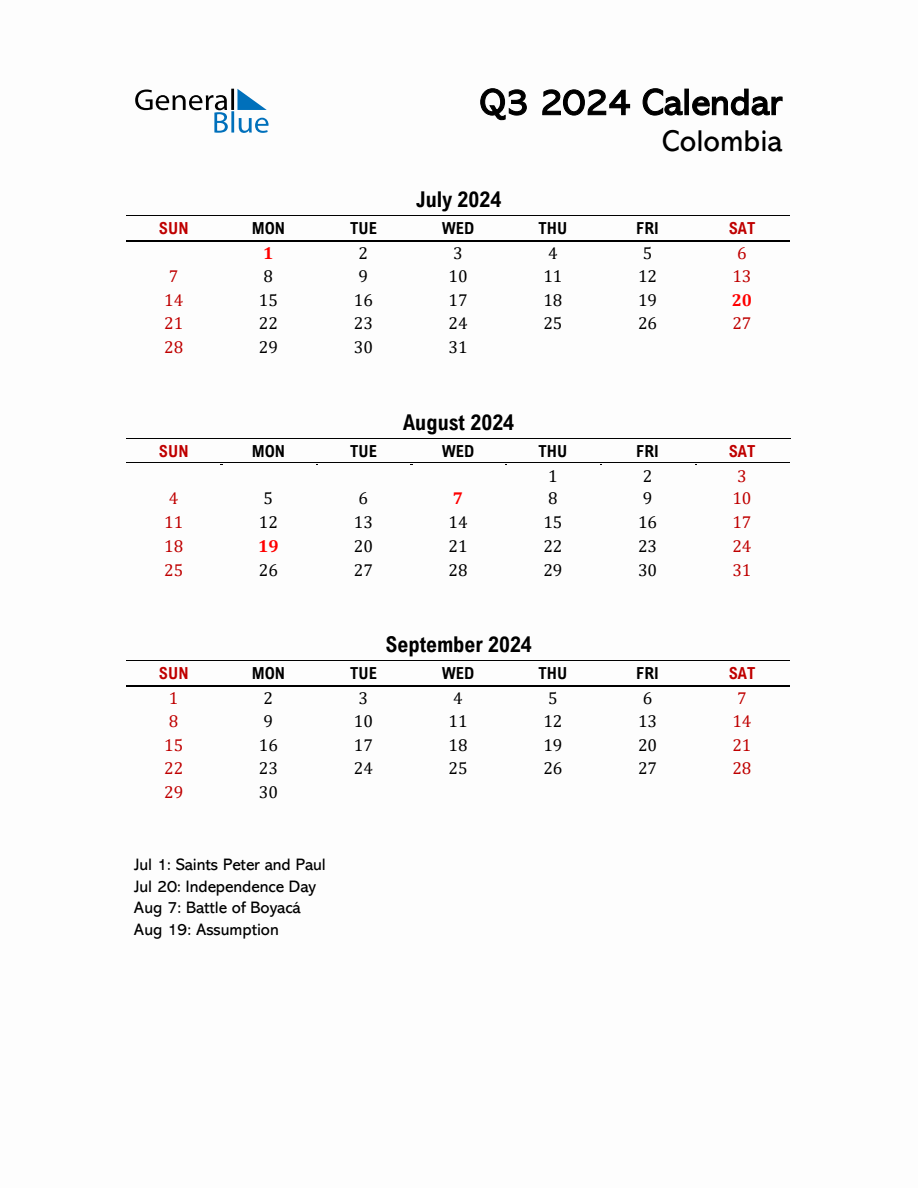 2024 Q3 Calendar with Holidays List for Colombia