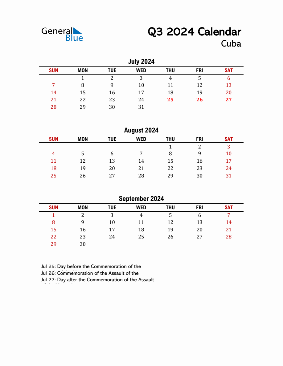 2024 Q3 Calendar with Holidays List for Cuba