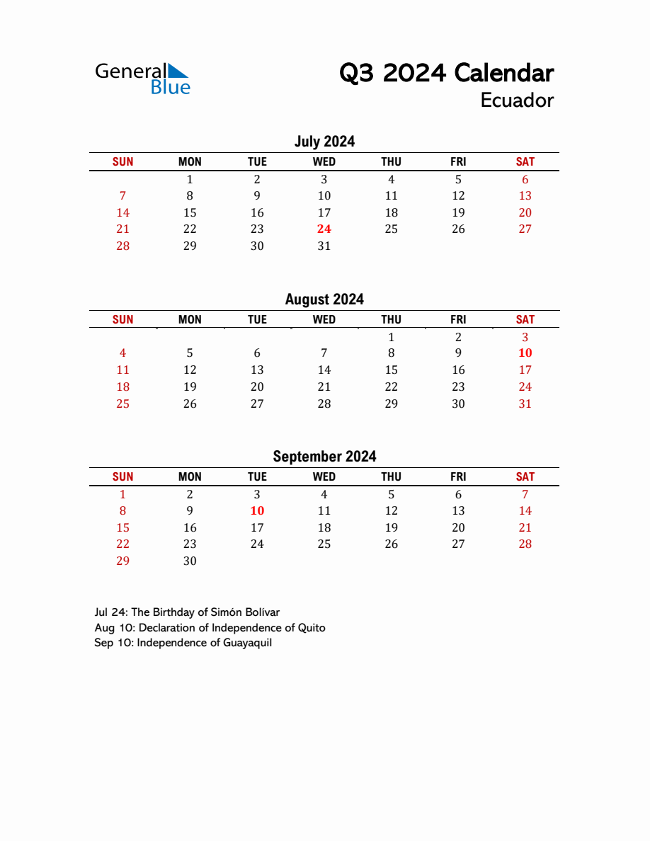 2024 Q3 Calendar with Holidays List for Ecuador