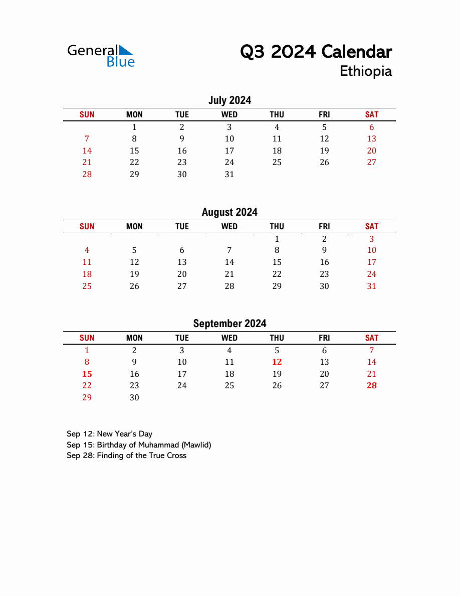 2024 Q3 Calendar with Holidays List for Ethiopia