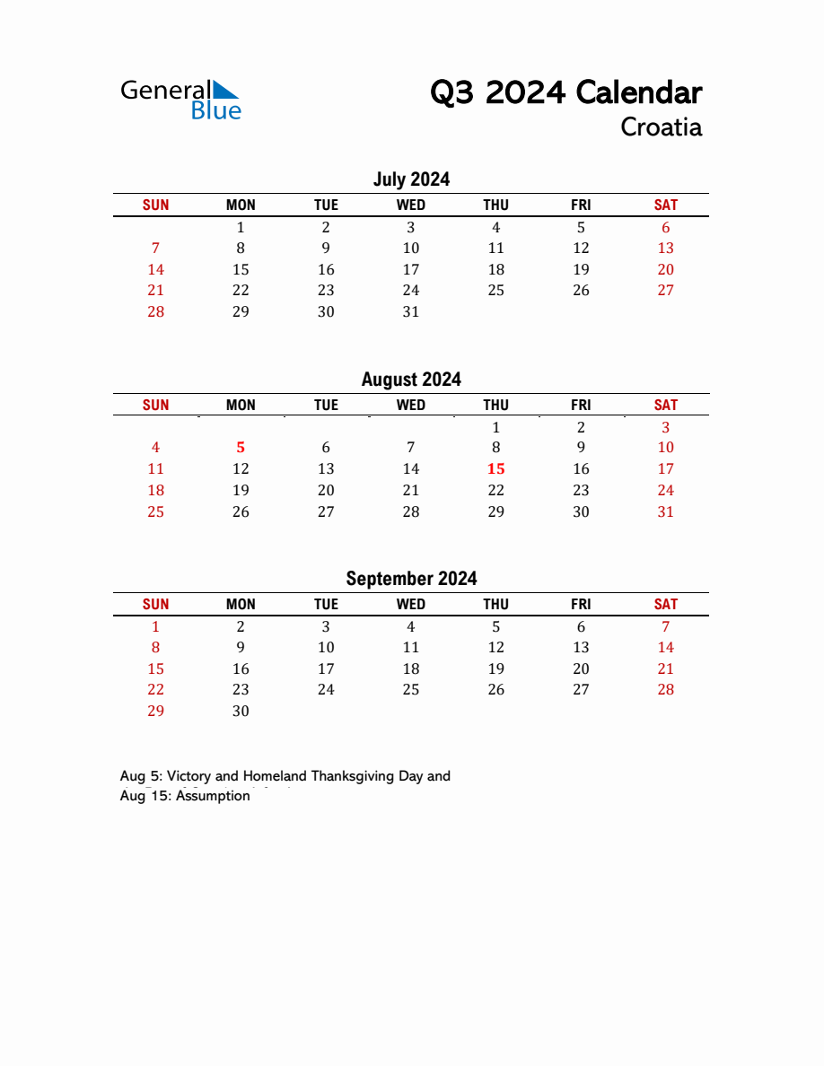 2024 Q3 Calendar with Holidays List for Croatia