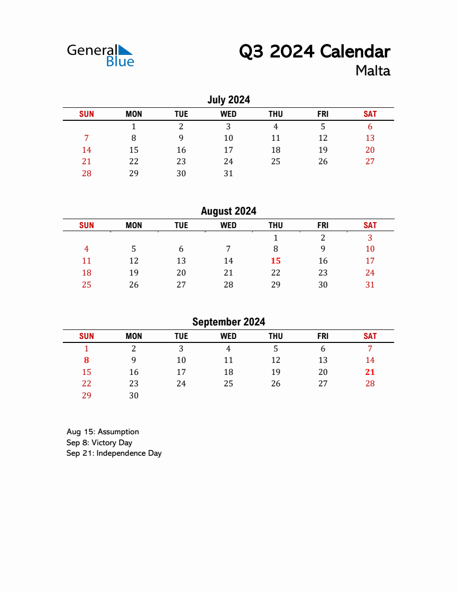 2024 Q3 Calendar with Holidays List for Malta