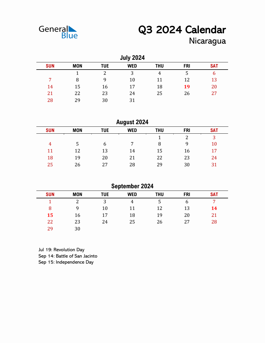 2024 Q3 Calendar with Holidays List for Nicaragua