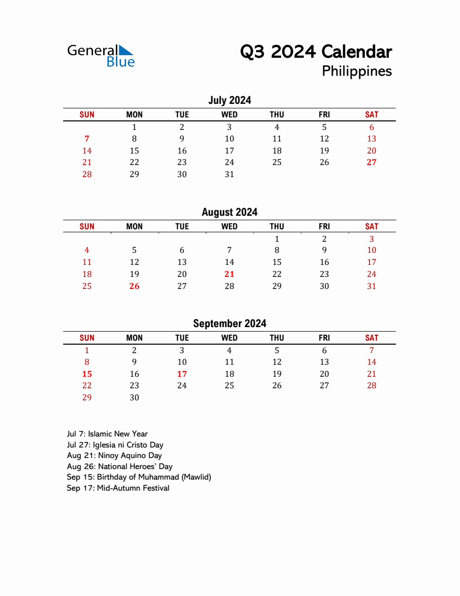 2025 Q3 Calendar with Holidays List for Philippines