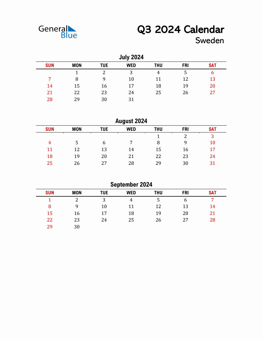 2024 Q3 Calendar with Holidays List for Sweden