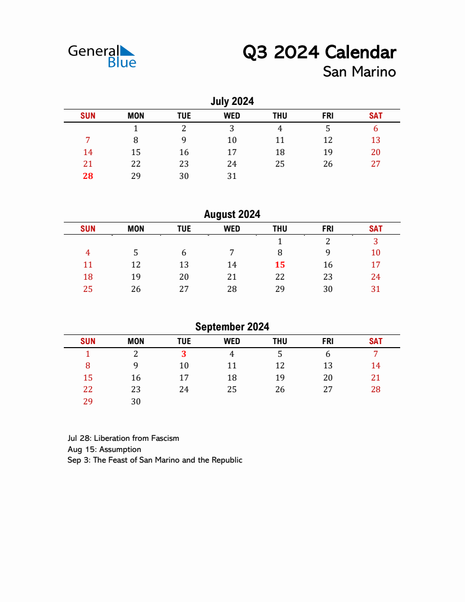 2024 Q3 Calendar with Holidays List for San Marino