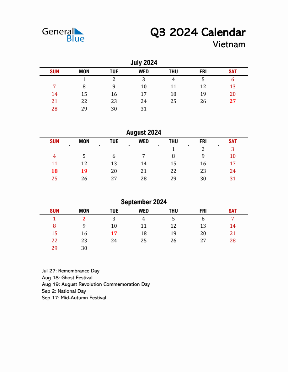 2024 Q3 Calendar with Holidays List for Vietnam