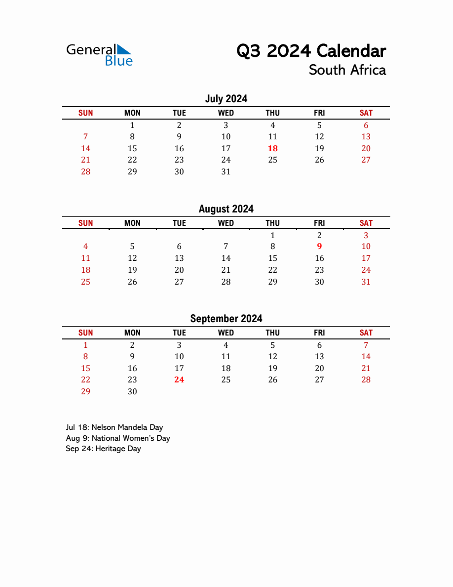 2024 Q3 Calendar with Holidays List for South Africa