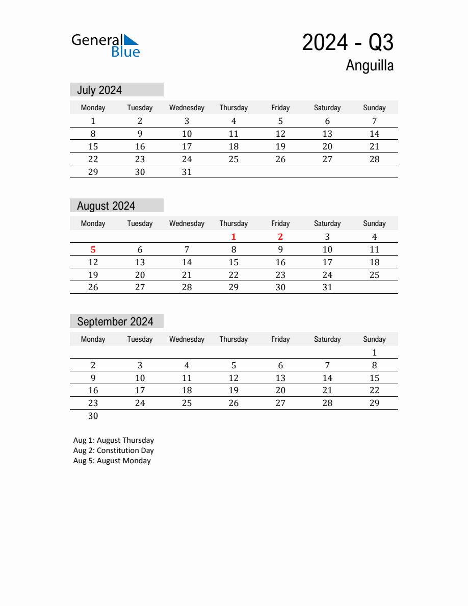 Anguilla Quarter 3 2024 Calendar with Holidays