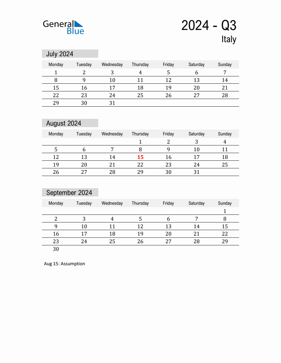 Italy Quarter 3 2024 Calendar with Holidays