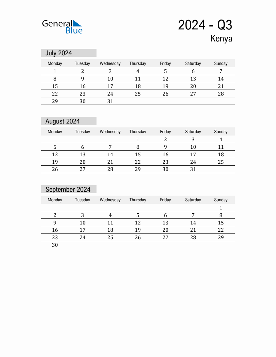 Kenya Quarter 3 2024 Calendar with Holidays