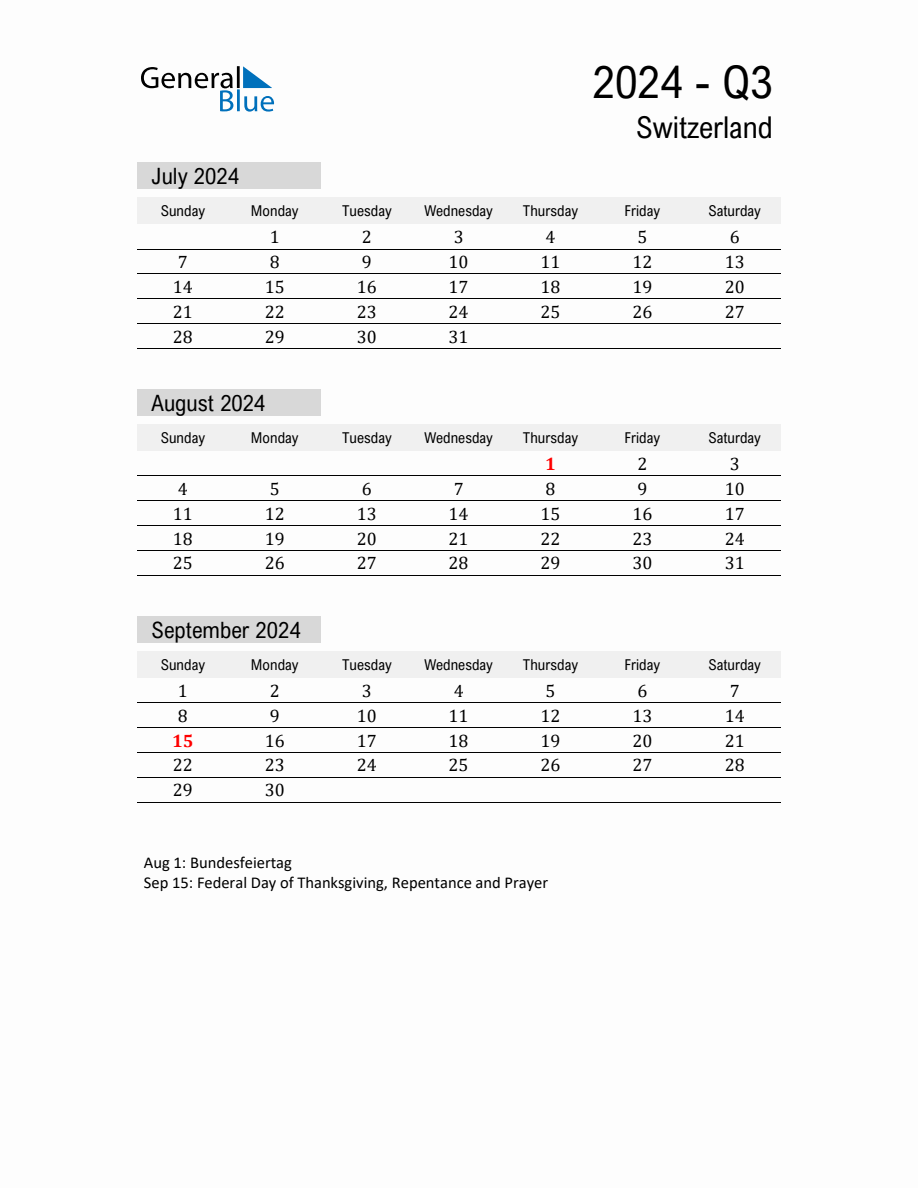 Switzerland Quarter 3 2024 Calendar with Holidays