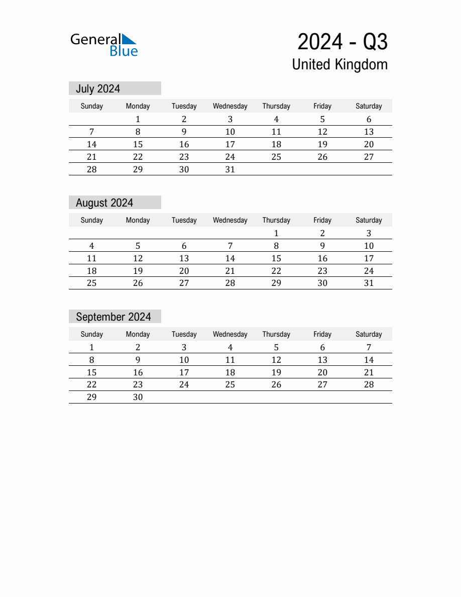United Kingdom Quarter 3 2024 Calendar with Holidays