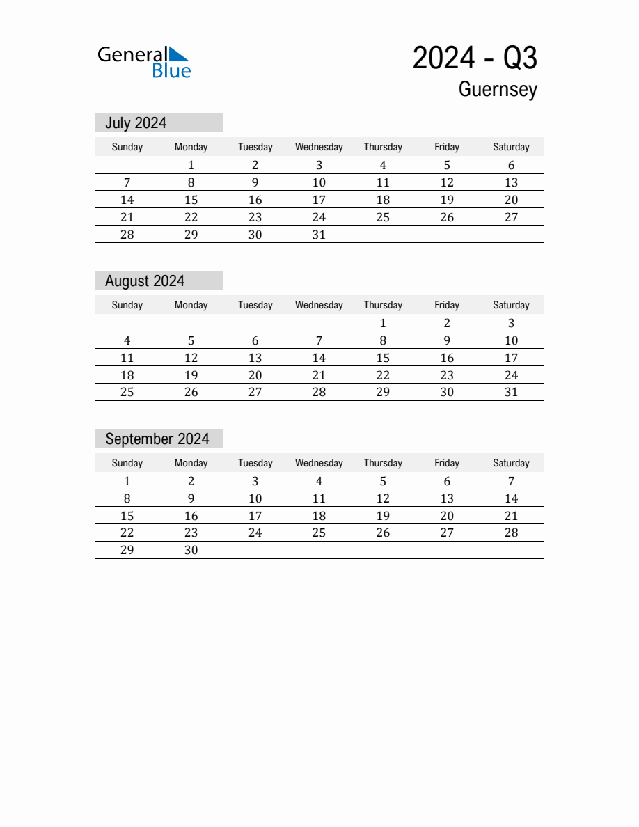 Guernsey Quarter 3 2024 Calendar with Holidays