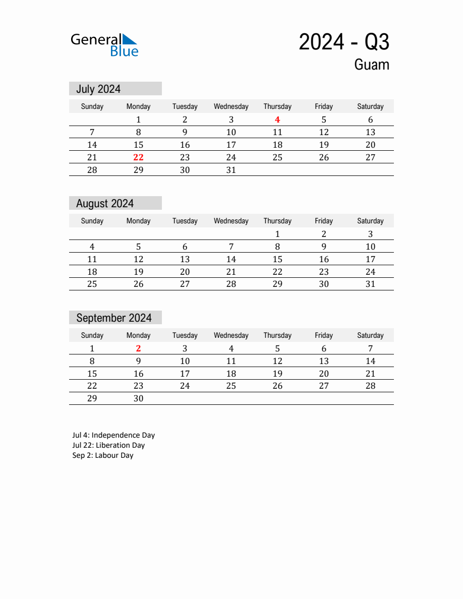 Guam Quarter 3 2024 Calendar with Holidays