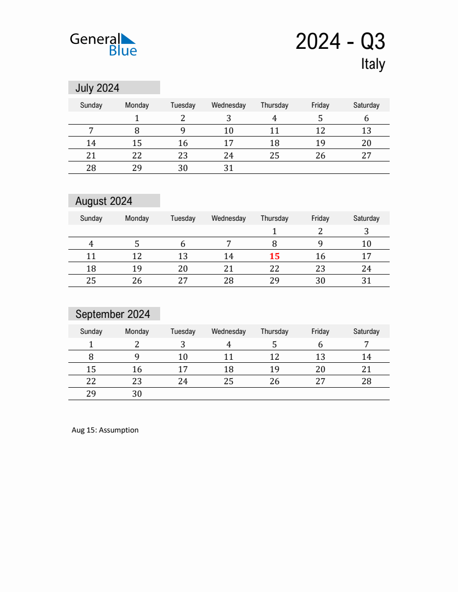 Italy Quarter 3 2024 Calendar with Holidays