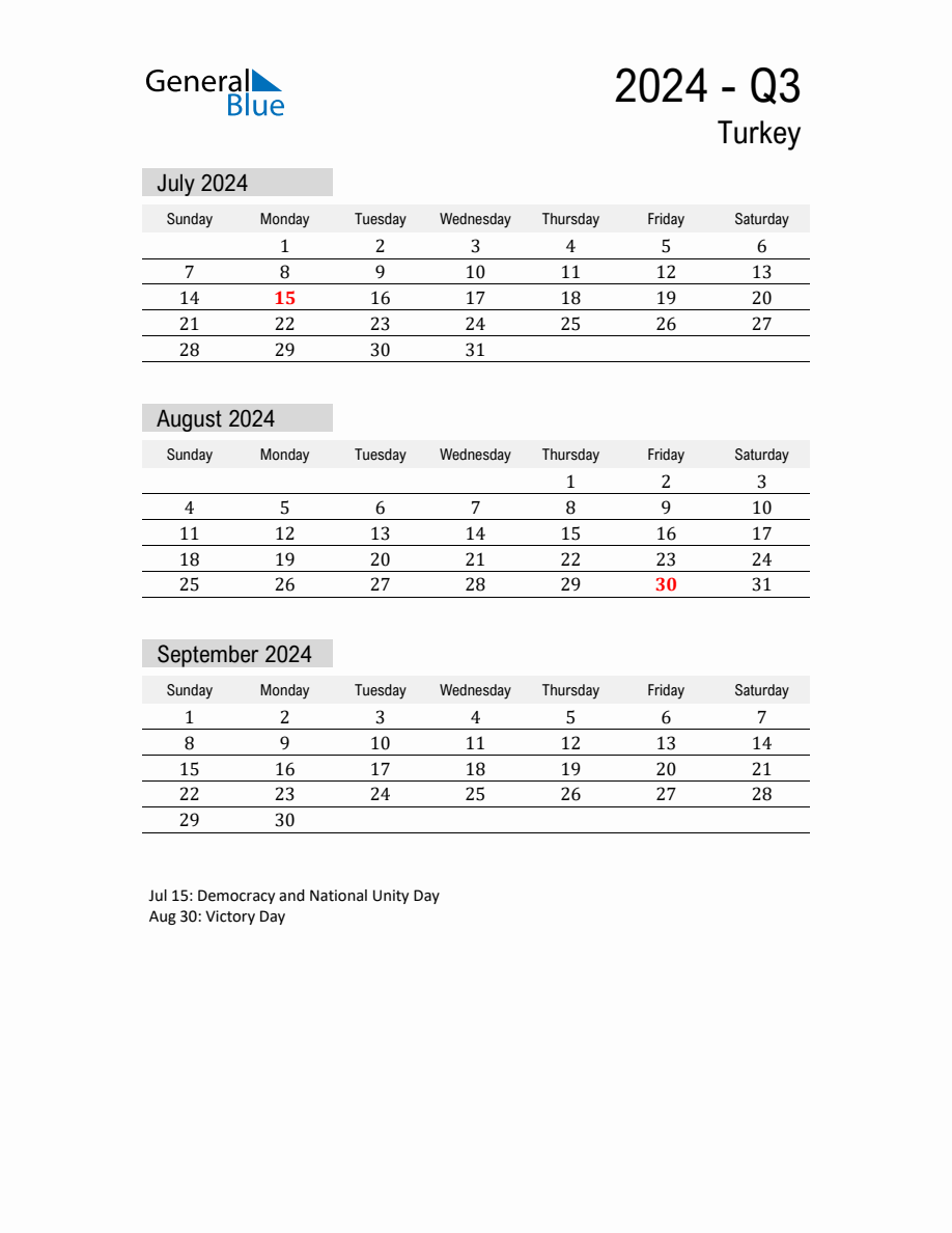 Turkey Quarter 3 2024 Calendar with Holidays