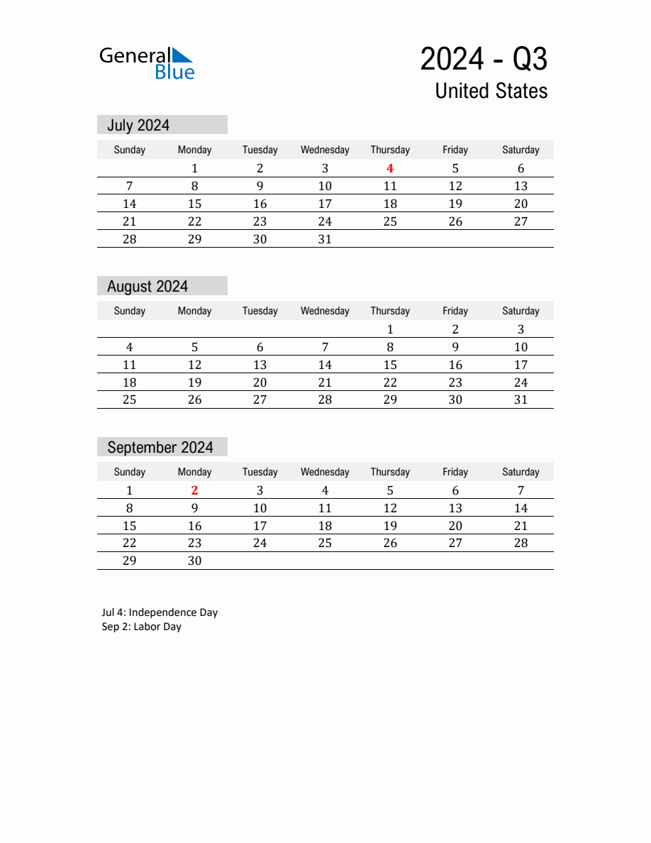 United States Quarter 3 2024 Calendar with Holidays