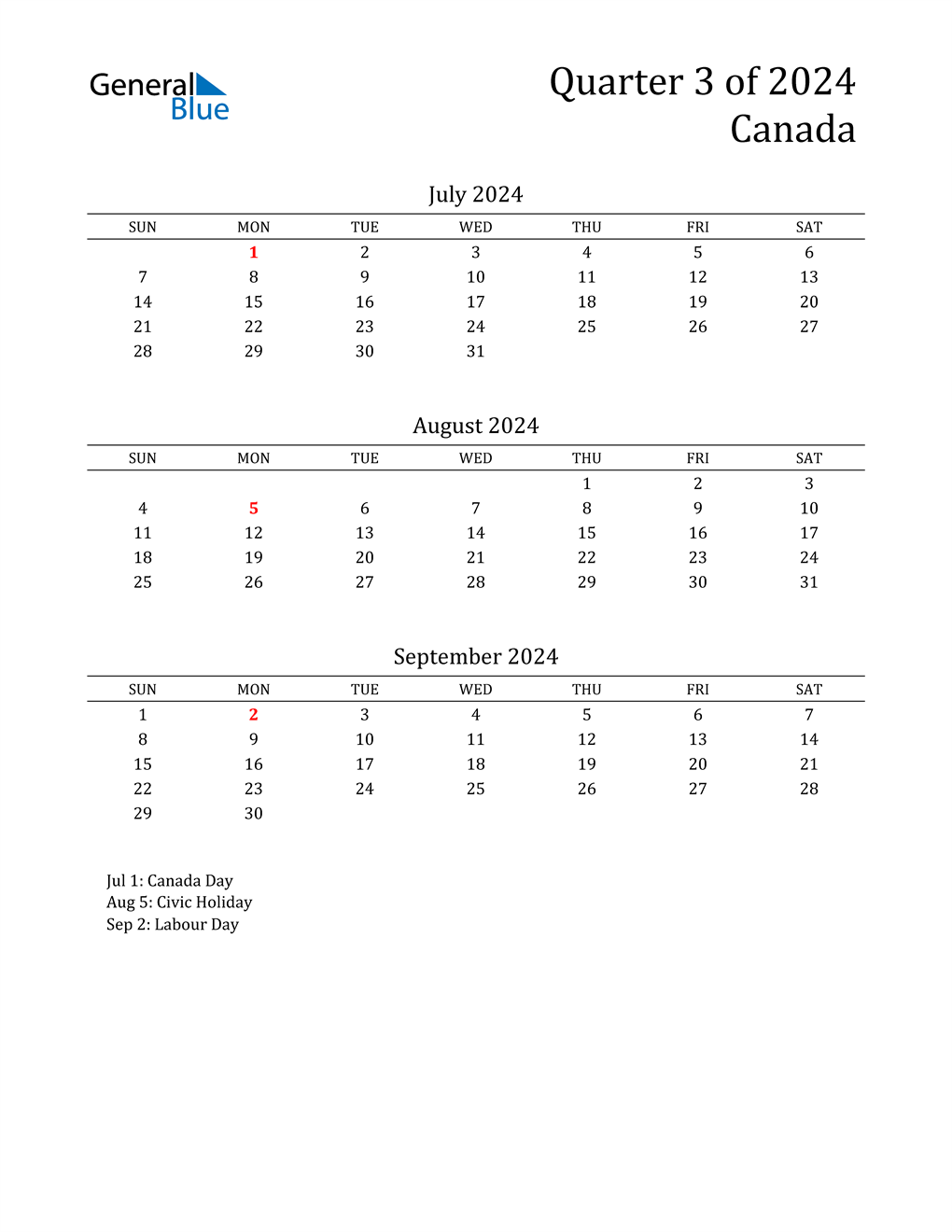 Q3 2024 Quarterly Calendar with Canada Holidays