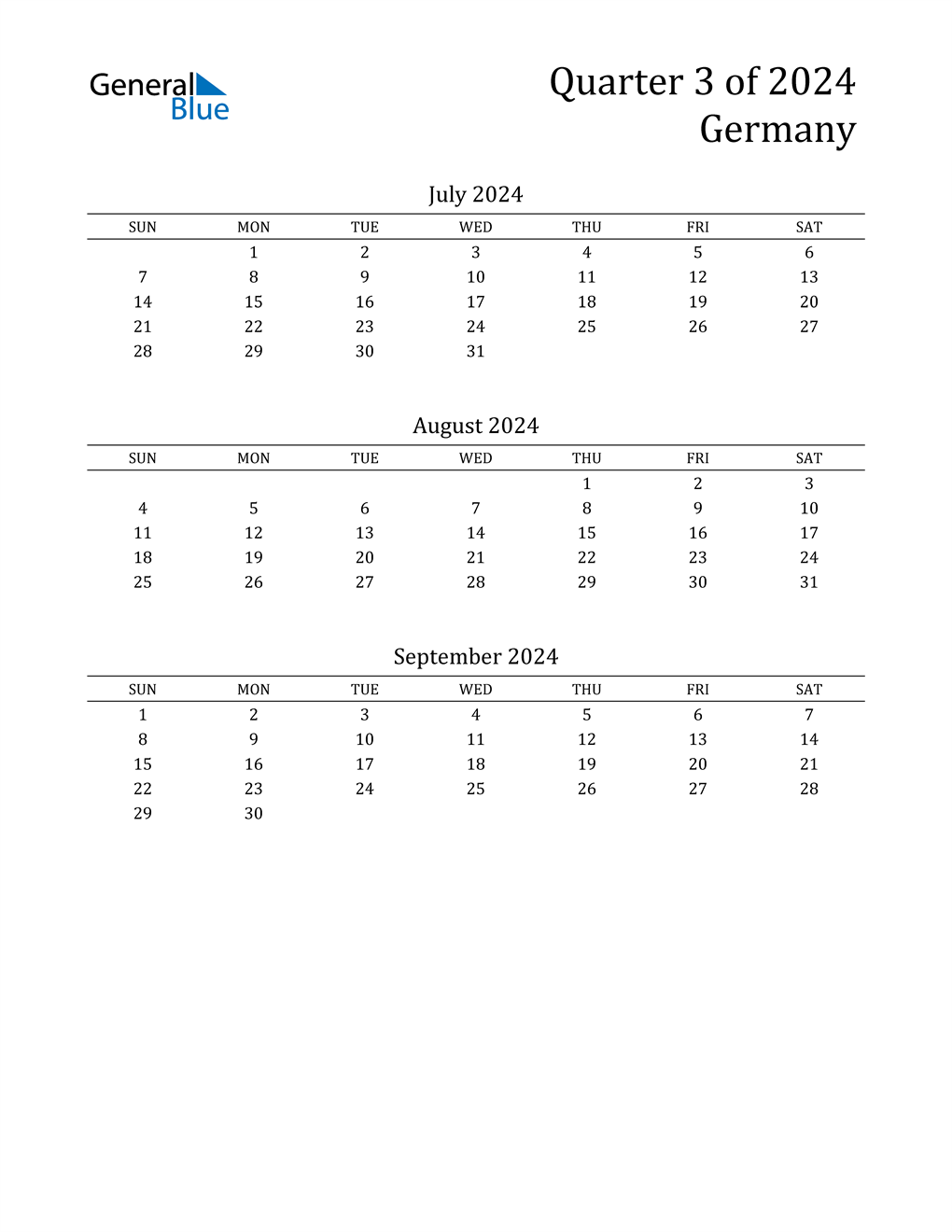 Q3 2024 Quarterly Calendar with Germany Holidays