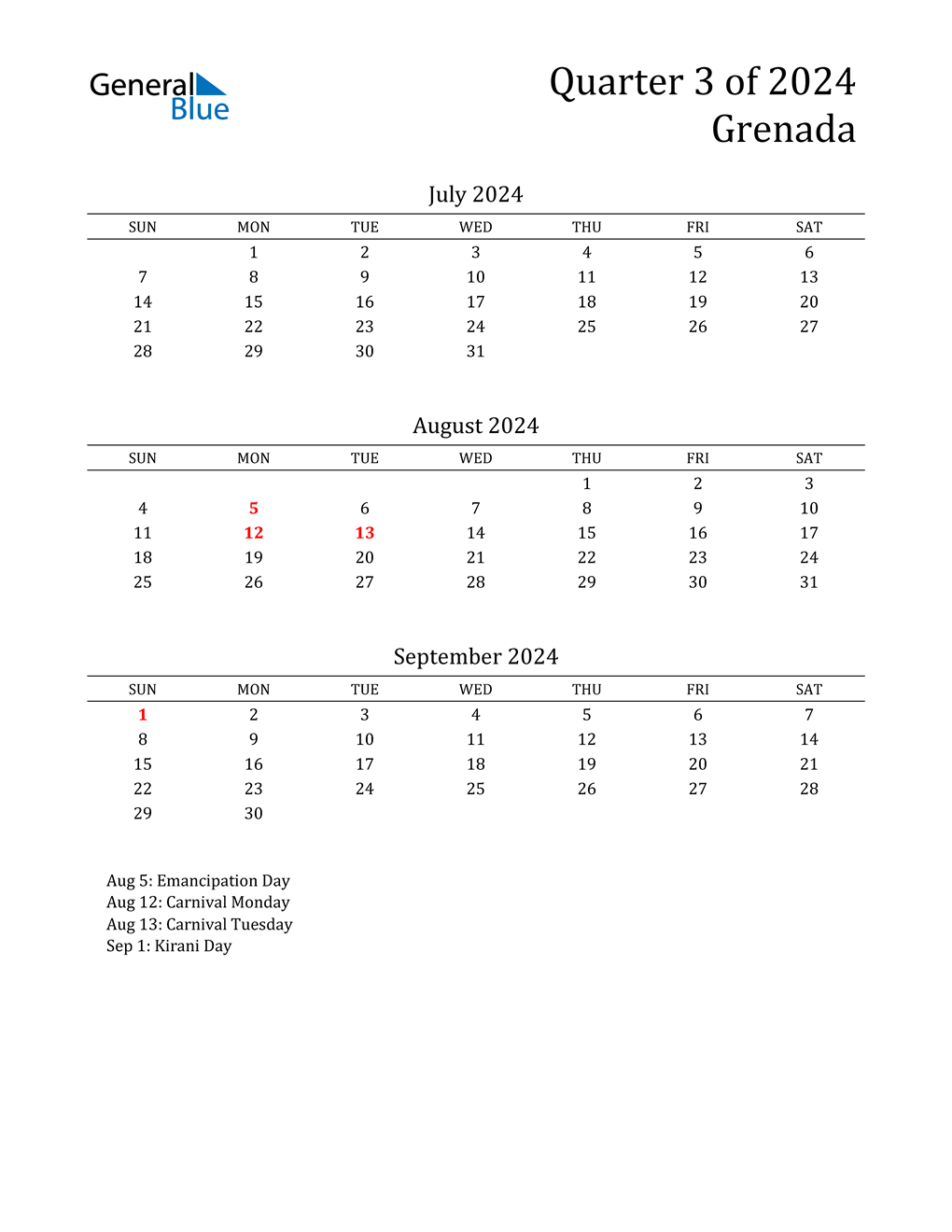 Q3 2024 Quarterly Calendar with Grenada Holidays