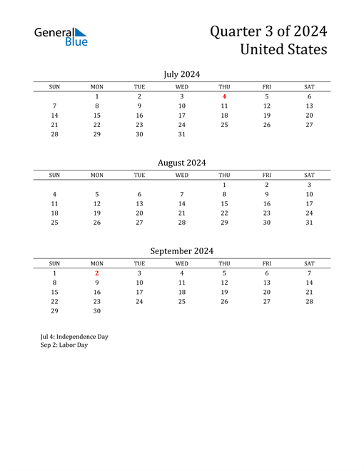 Q3 2024 Quarterly Calendar with United States Holidays