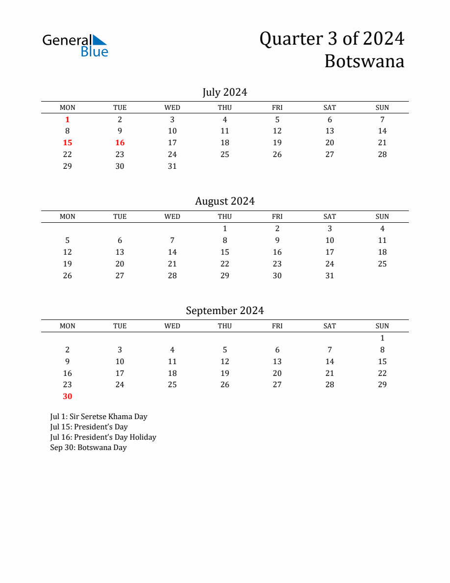 Quarter 3 2024 Botswana Quarterly Calendar