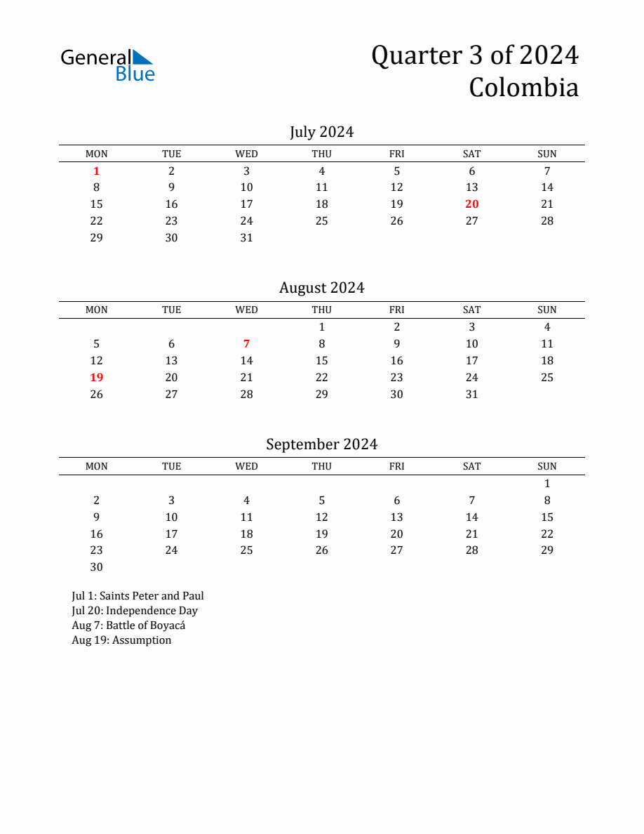 Quarter 3 2024 Colombia Quarterly Calendar