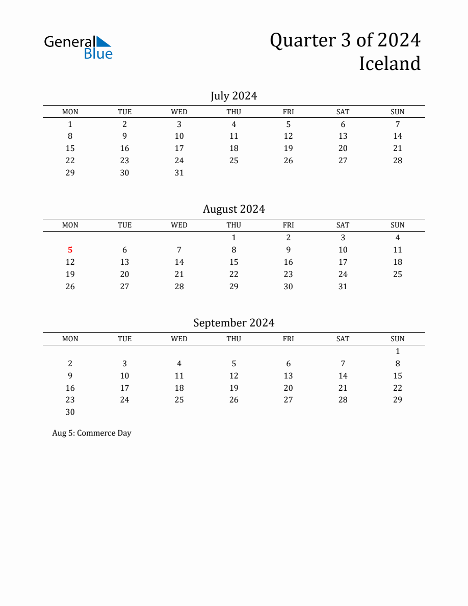 Quarter 3 2024 Iceland Quarterly Calendar