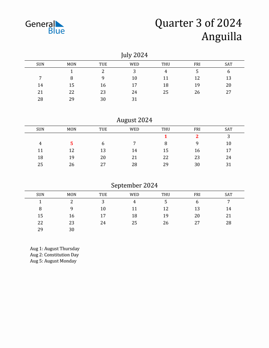 Quarter 3 2024 Anguilla Quarterly Calendar