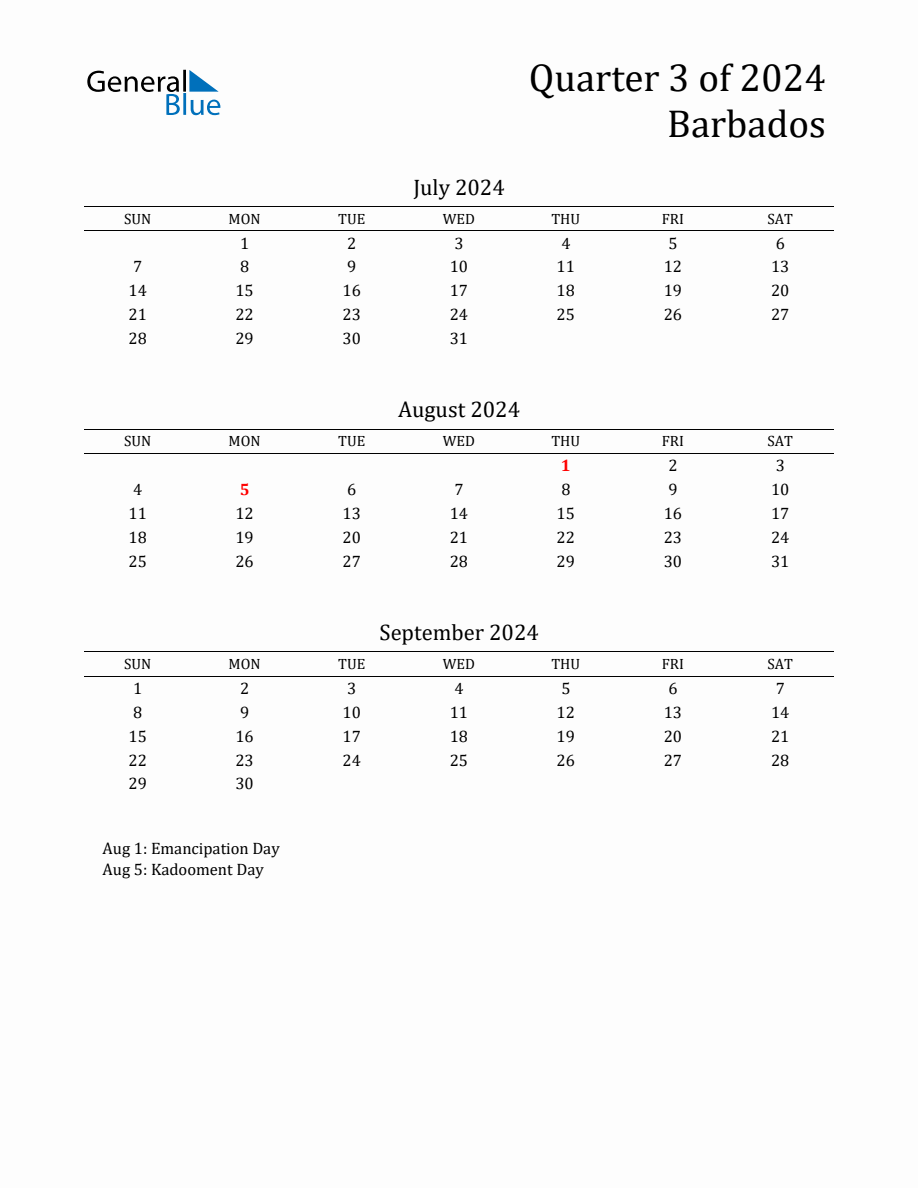 Quarter 3 2024 Barbados Quarterly Calendar