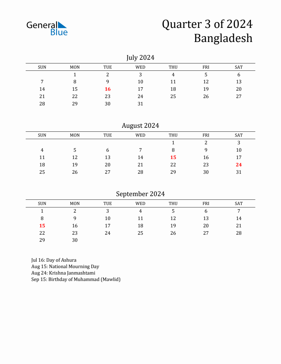 Quarter 3 2024 Bangladesh Quarterly Calendar