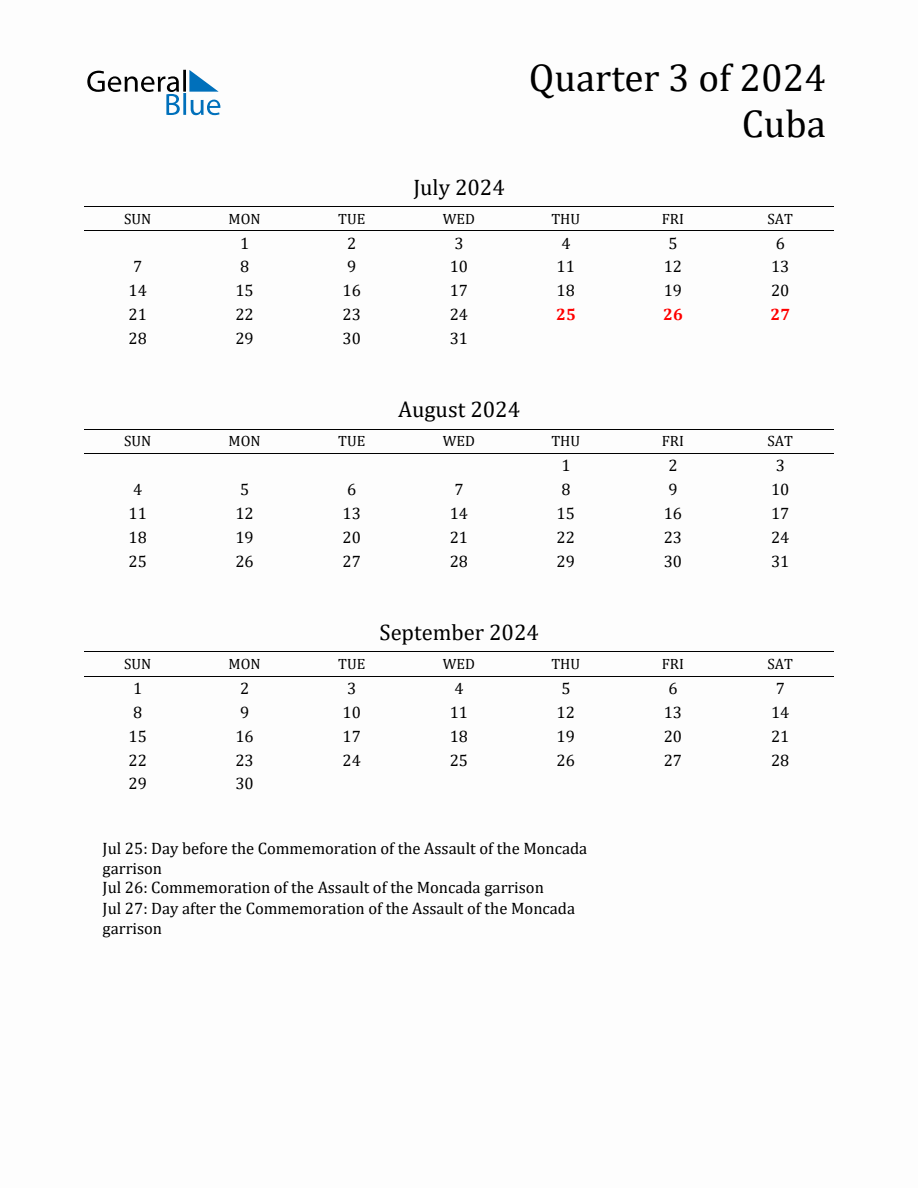 Quarter 3 2024 Cuba Quarterly Calendar